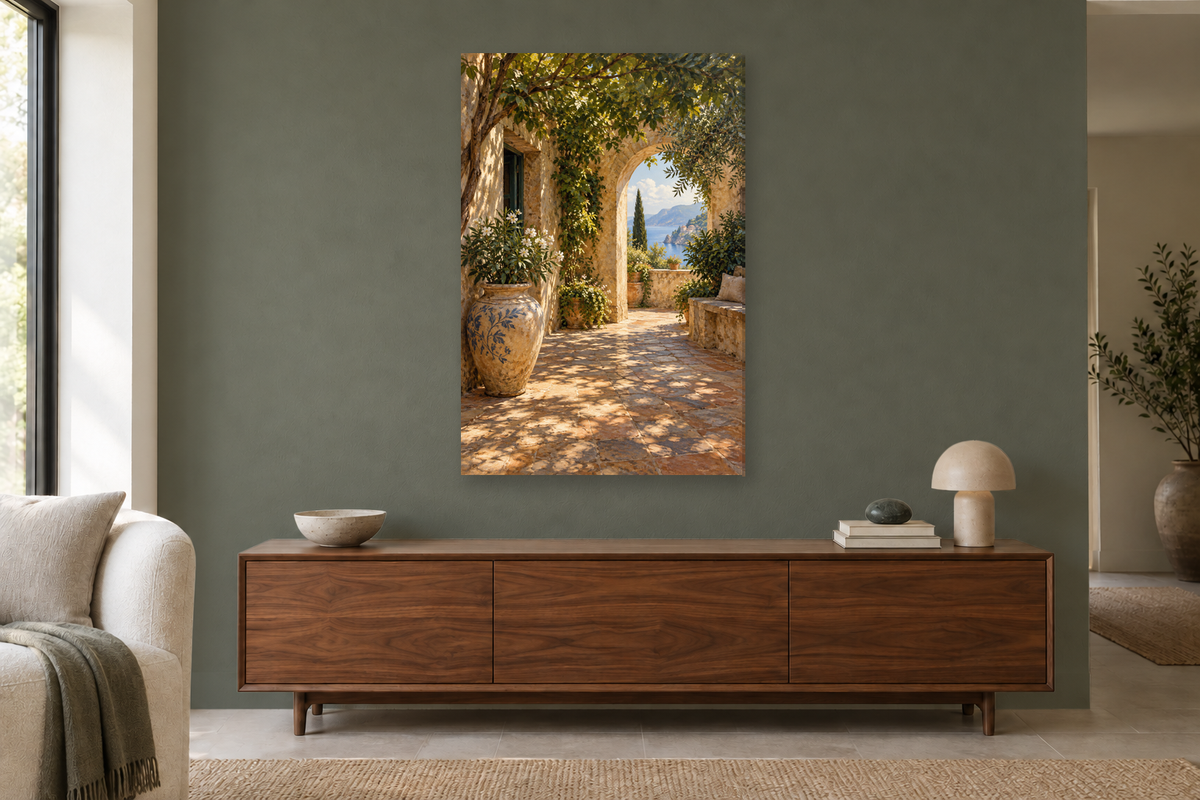Hidden Patio in a living room — interior mockup with the complete original artwork
