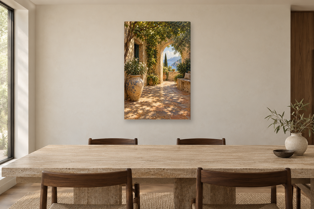 Hidden Patio in a dining room — interior mockup with the complete original artwork
