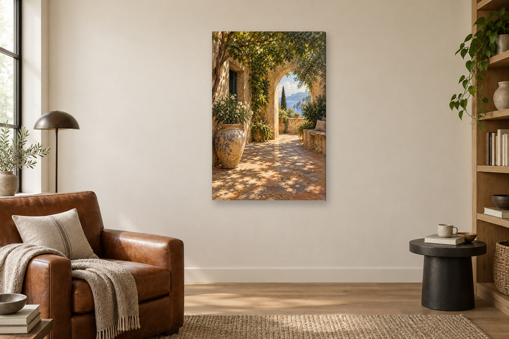 Hidden Patio in a reading corner — interior mockup with the complete original artwork