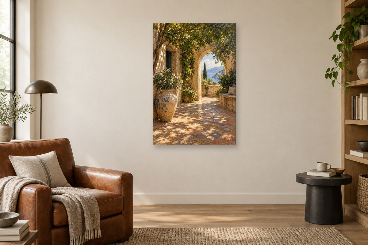Hidden Patio in a reading corner — interior mockup with the complete original artwork
