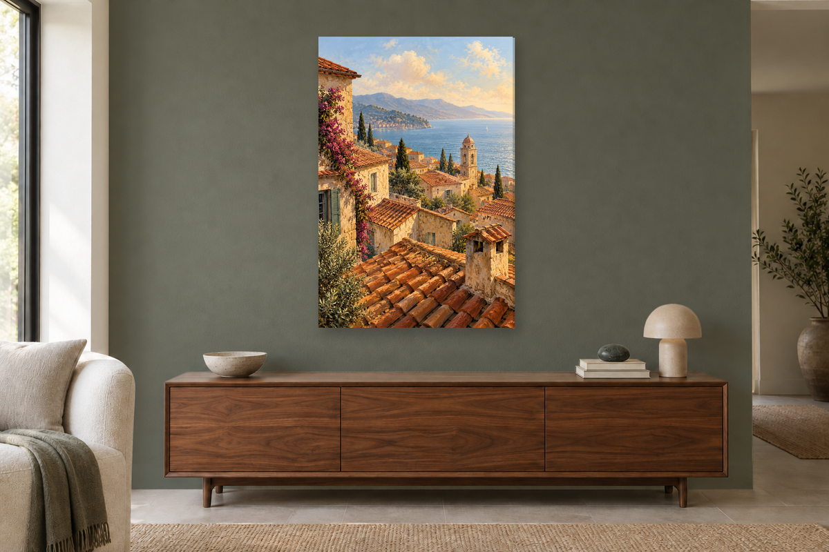 Terracotta Roofs in a living room — interior mockup with the complete original artwork