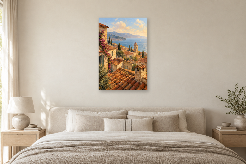 Terracotta Roofs in a bedroom — interior mockup with the complete original artwork