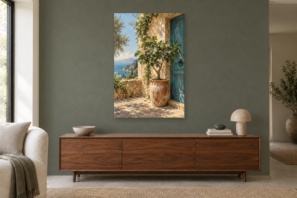 Potted Fig in a living room — interior mockup with the complete original artwork