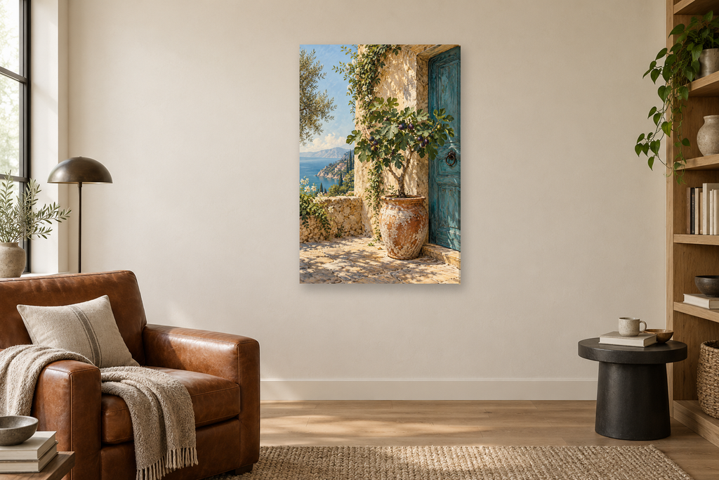 Potted Fig in a reading corner — interior mockup with the complete original artwork