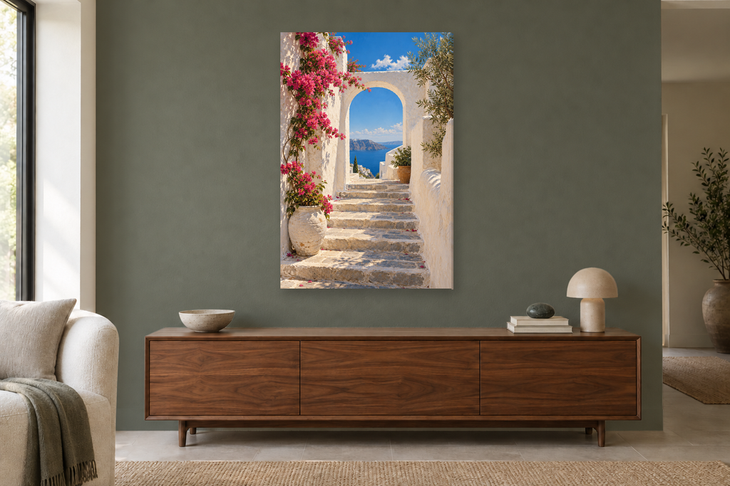 Island Passage in a living room — interior mockup with the complete original artwork