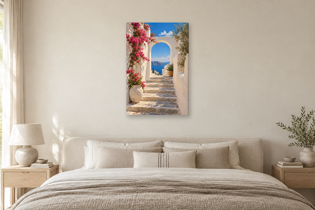 Island Passage in a bedroom — interior mockup with the complete original artwork