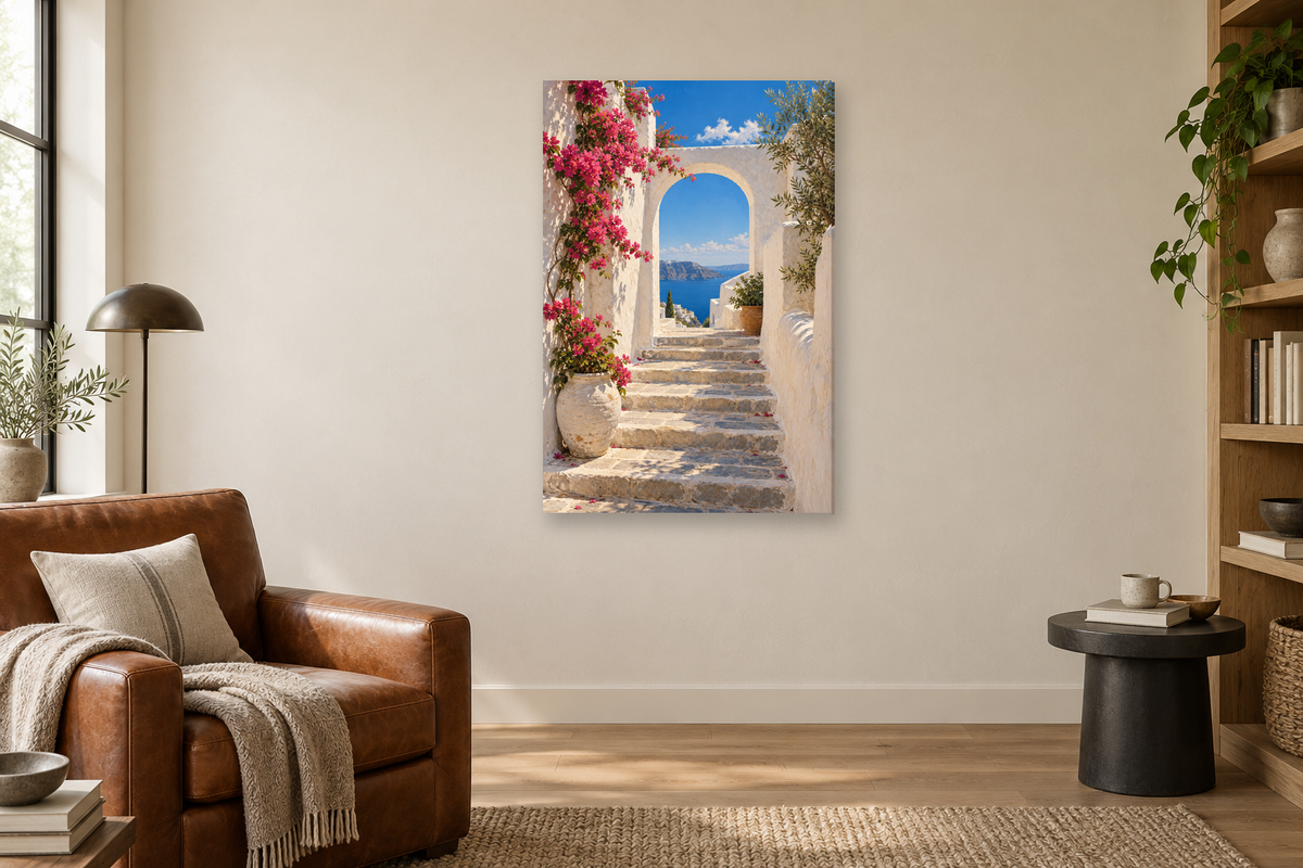 Island Passage in a reading corner — interior mockup with the complete original artwork