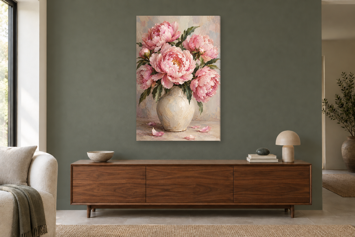 Peony Blush in a living room — interior mockup with the complete original artwork