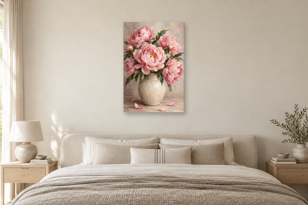 Peony Blush in a bedroom — interior mockup with the complete original artwork