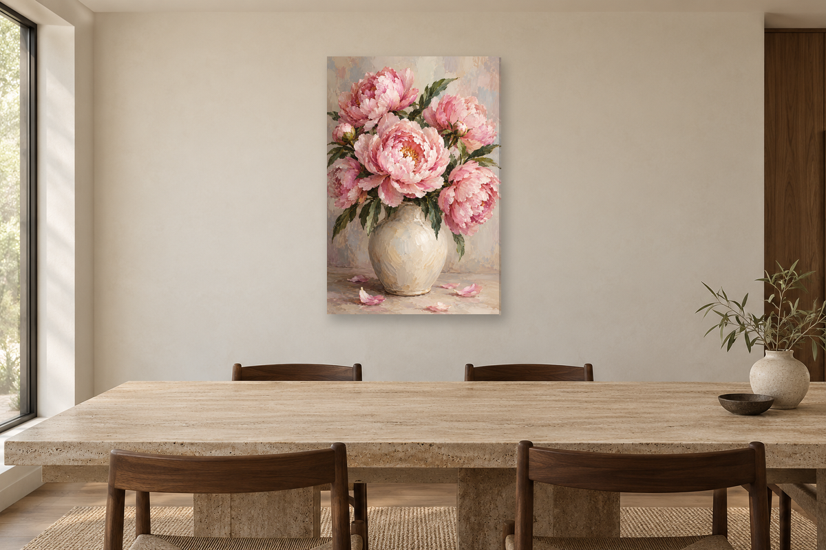 Peony Blush in a dining room — interior mockup with the complete original artwork