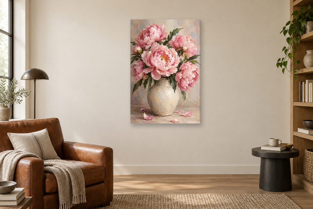 Peony Blush in a reading corner — interior mockup with the complete original artwork