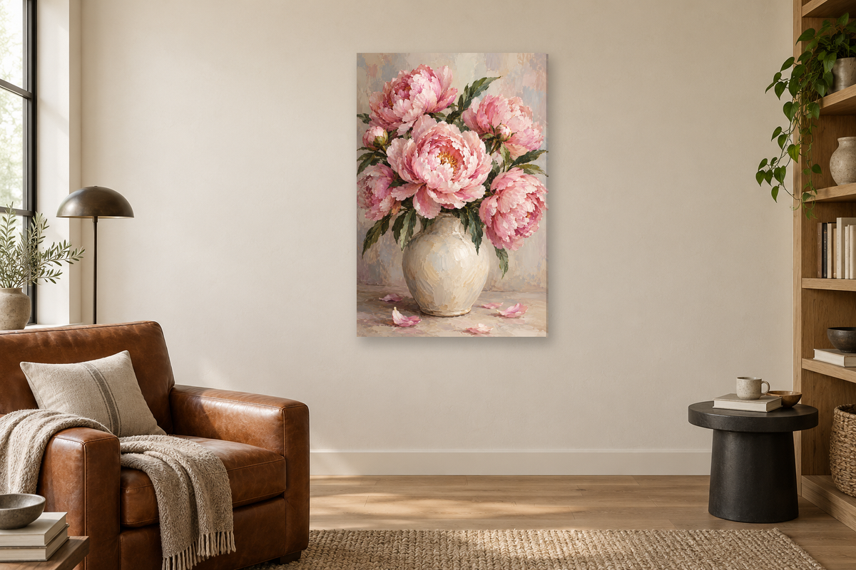 Peony Blush in a reading corner — interior mockup with the complete original artwork