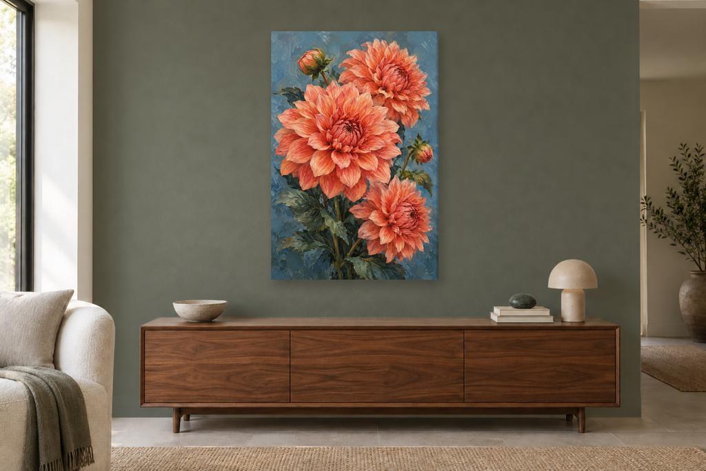 Coral Dahlias in a living room — interior mockup with the complete original artwork