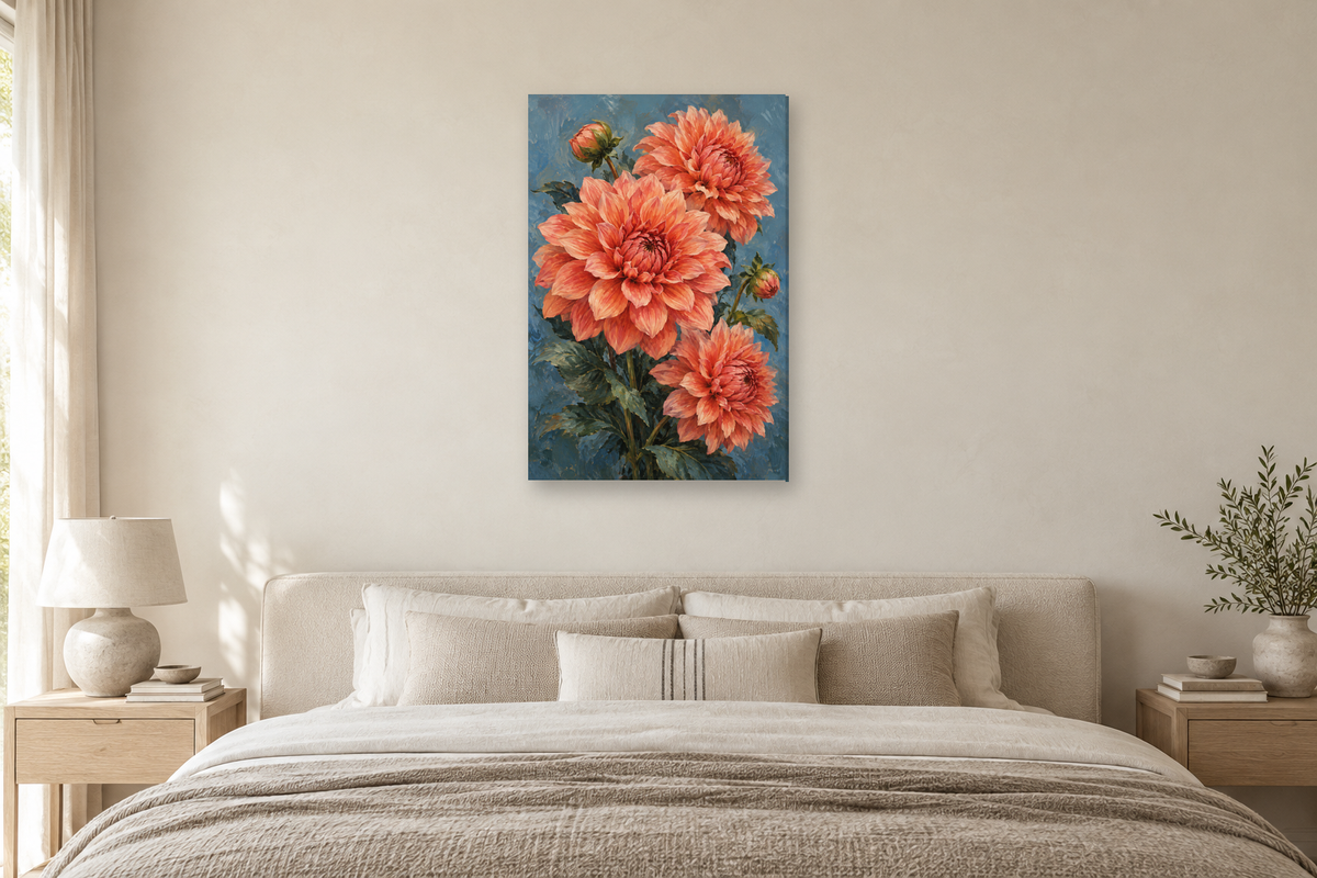 Coral Dahlias in a bedroom — interior mockup with the complete original artwork