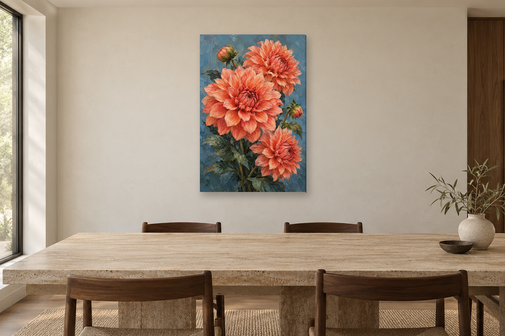 Coral Dahlias in a dining room — interior mockup with the complete original artwork