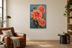 Coral Dahlias in a reading corner — interior mockup with the complete original artwork