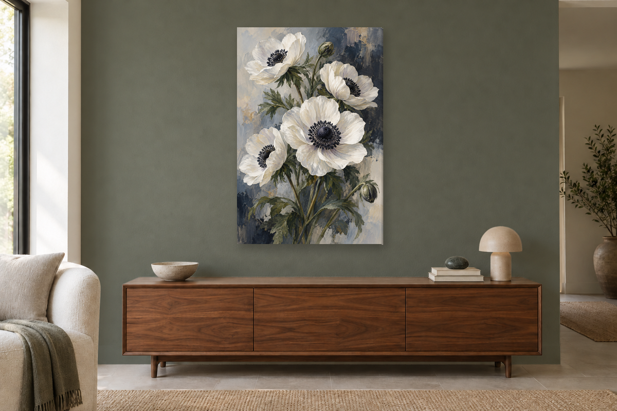 White Anemones in a living room — interior mockup with the complete original artwork