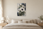 White Anemones in a bedroom — interior mockup with the complete original artwork
