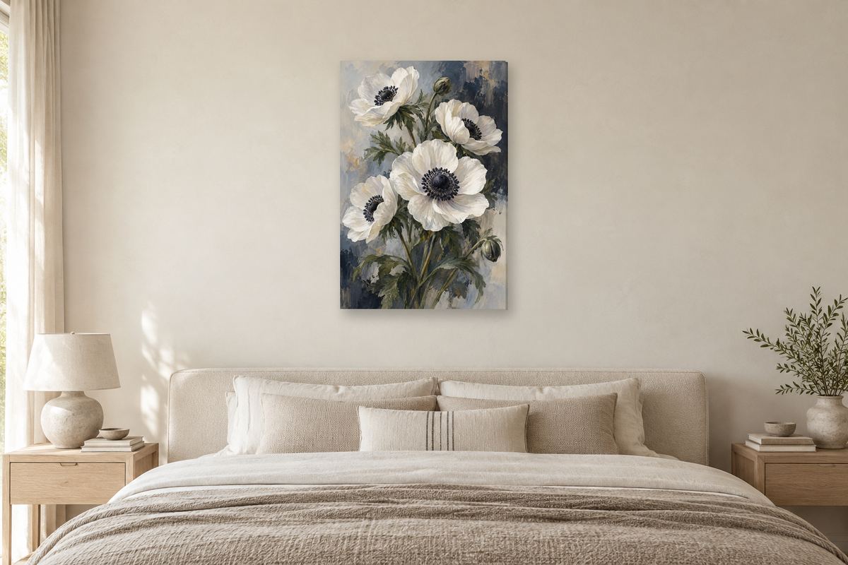 White Anemones in a bedroom — interior mockup with the complete original artwork