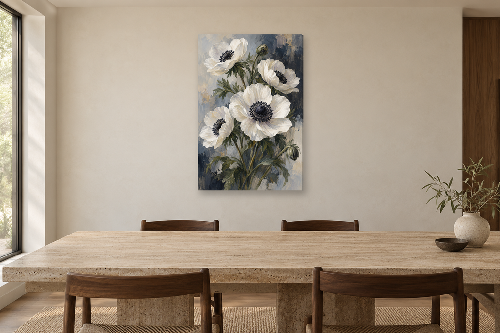 White Anemones in a dining room — interior mockup with the complete original artwork
