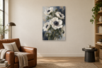 White Anemones in a reading corner — interior mockup with the complete original artwork
