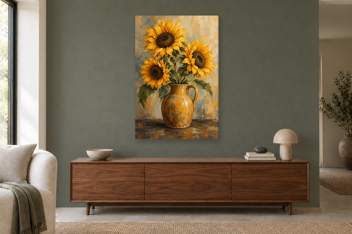Sunflower Hour in a living room — interior mockup with the complete original artwork