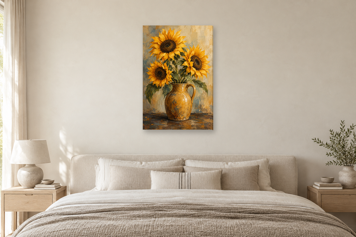 Sunflower Hour in a bedroom — interior mockup with the complete original artwork