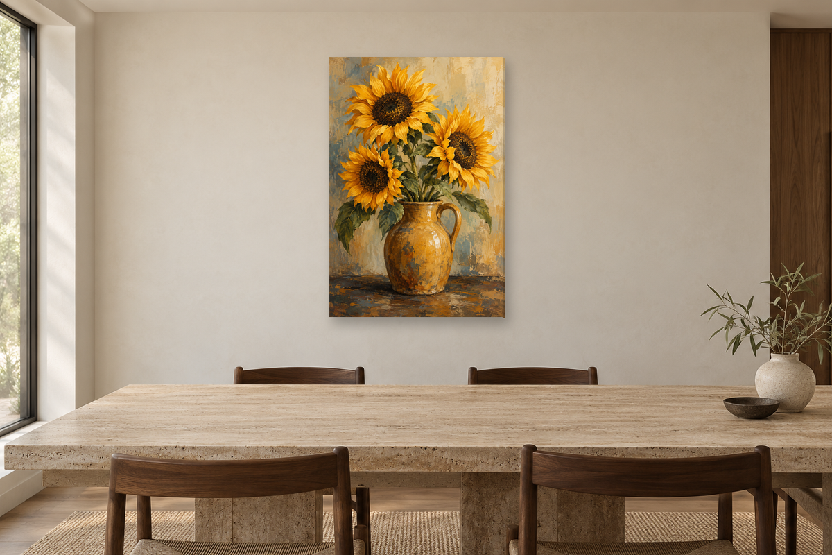 Sunflower Hour in a dining room — interior mockup with the complete original artwork