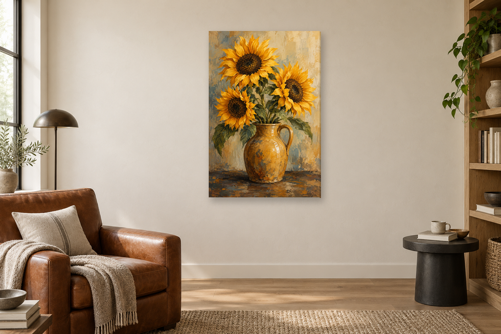 Sunflower Hour in a reading corner — interior mockup with the complete original artwork