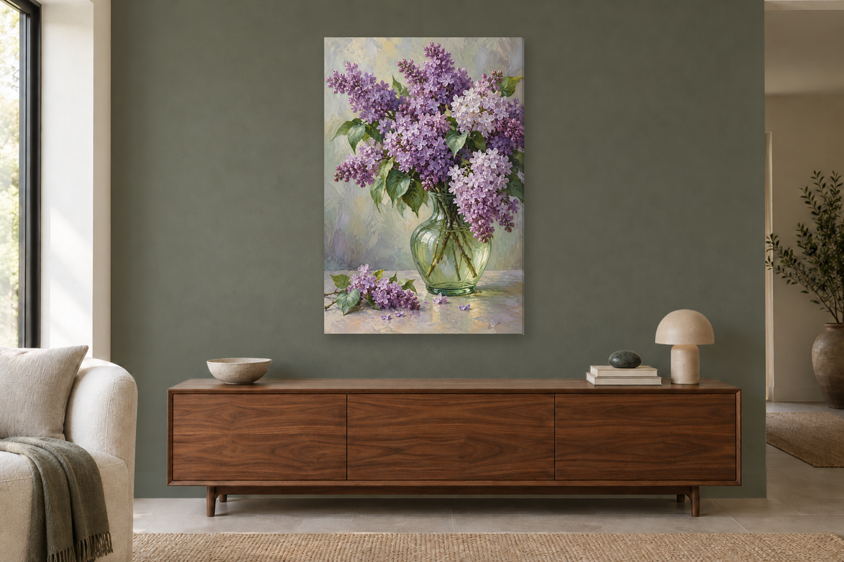 Lilac Bouquet in a living room — interior mockup with the complete original artwork