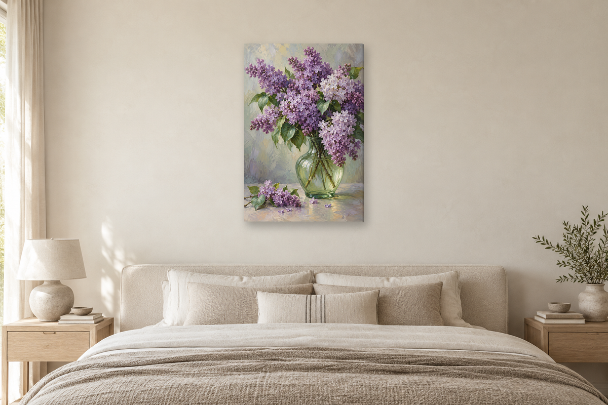 Lilac Bouquet in a bedroom — interior mockup with the complete original artwork