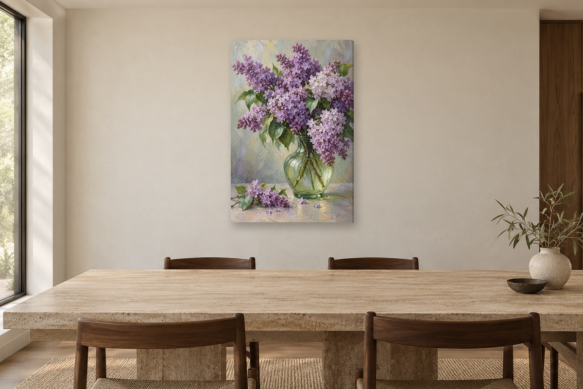 Lilac Bouquet in a dining room — interior mockup with the complete original artwork