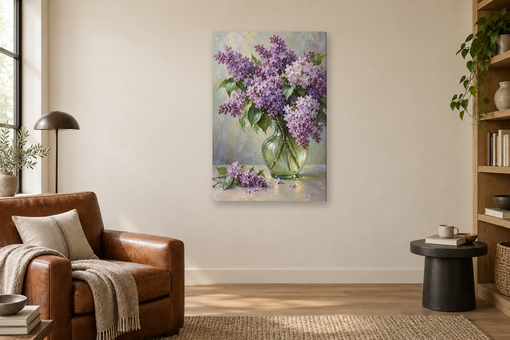 Lilac Bouquet in a reading corner — interior mockup with the complete original artwork