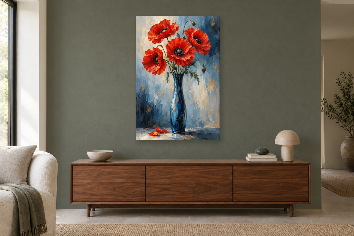 Poppy Song in a living room — interior mockup with the complete original artwork
