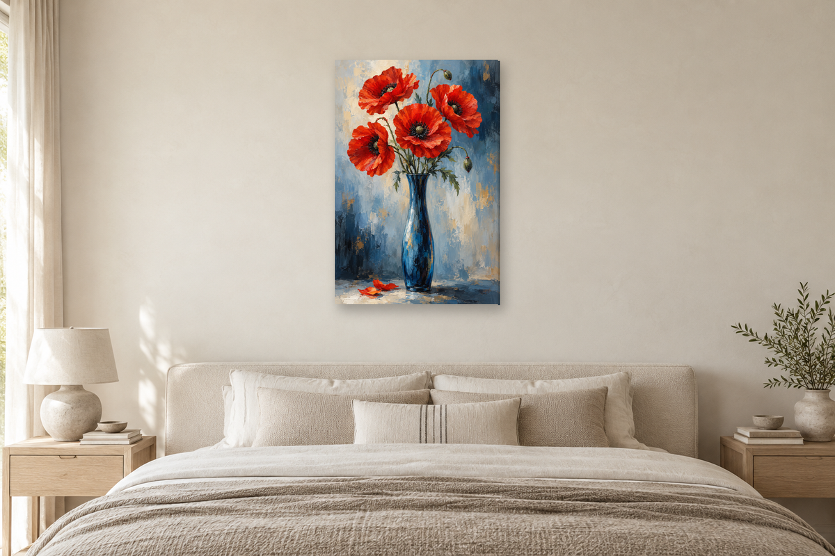 Poppy Song in a bedroom — interior mockup with the complete original artwork
