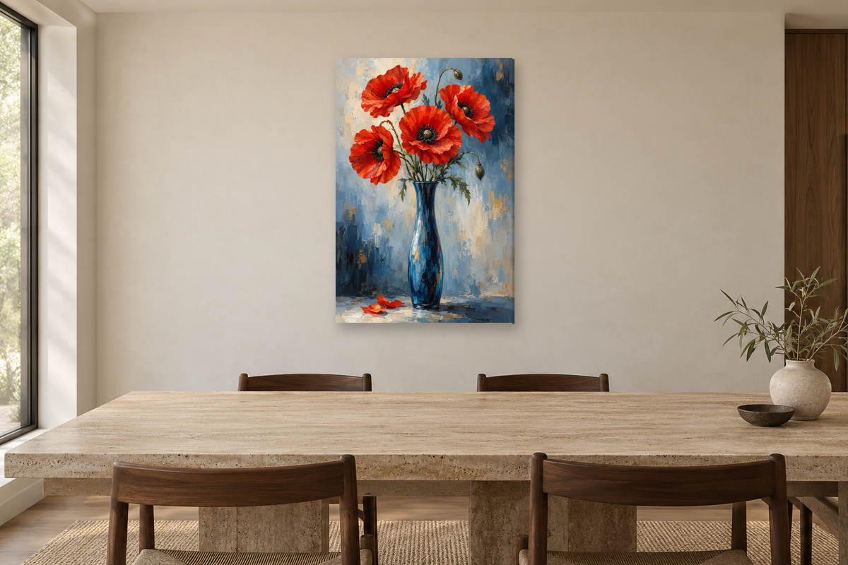 Poppy Song in a dining room — interior mockup with the complete original artwork