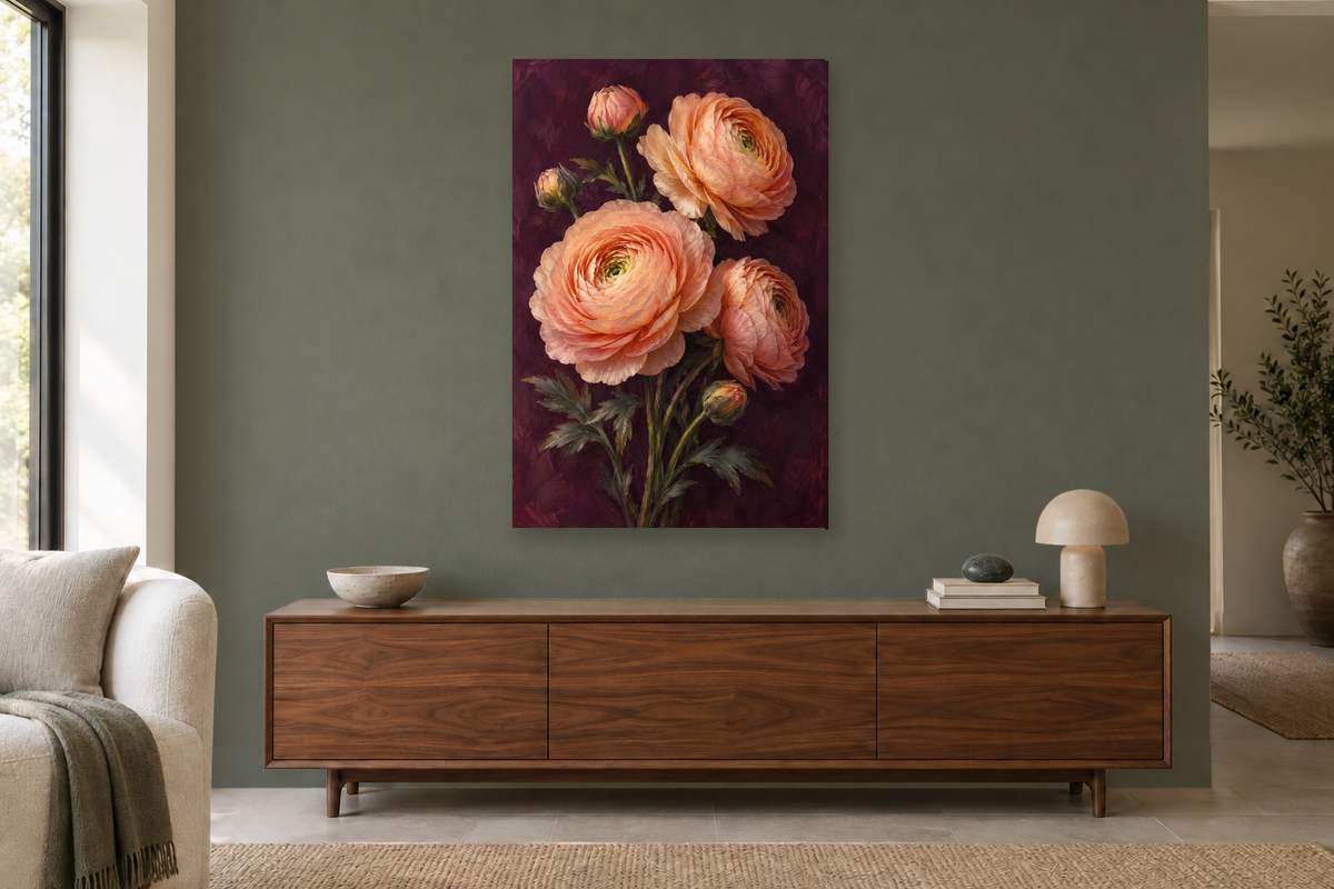 Ranunculus Silk in a living room — interior mockup with the complete original artwork