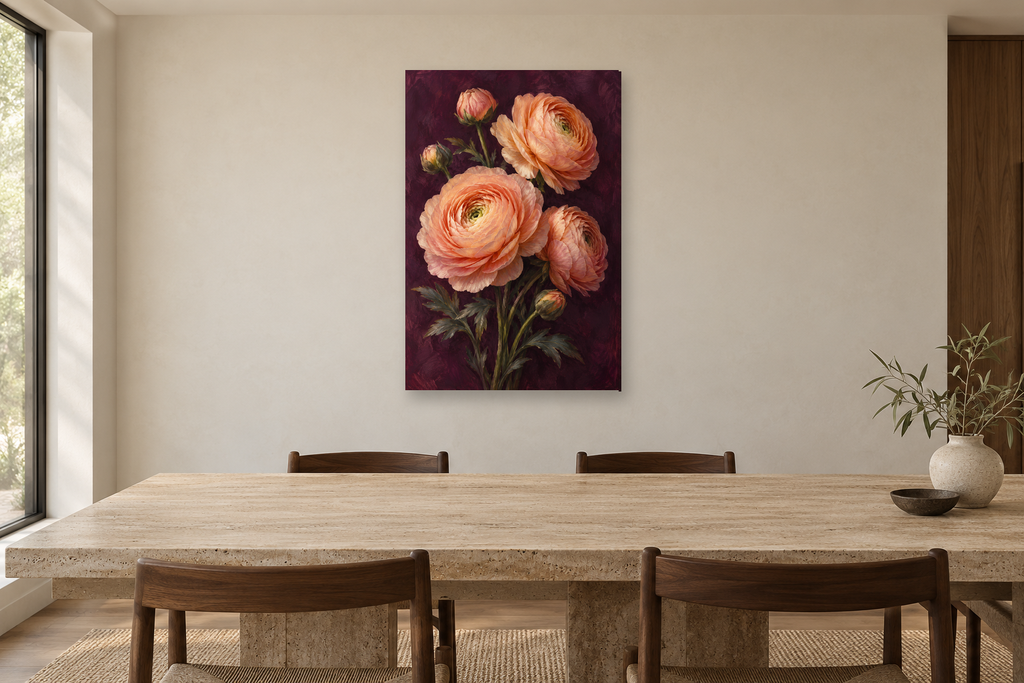 Ranunculus Silk in a dining room — interior mockup with the complete original artwork
