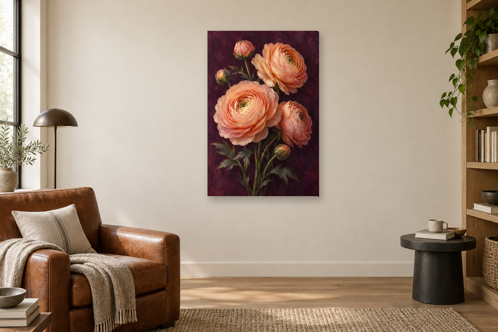 Ranunculus Silk in a reading corner — interior mockup with the complete original artwork
