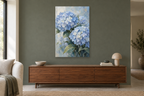 Hydrangea Cloud in a living room — interior mockup with the complete original artwork