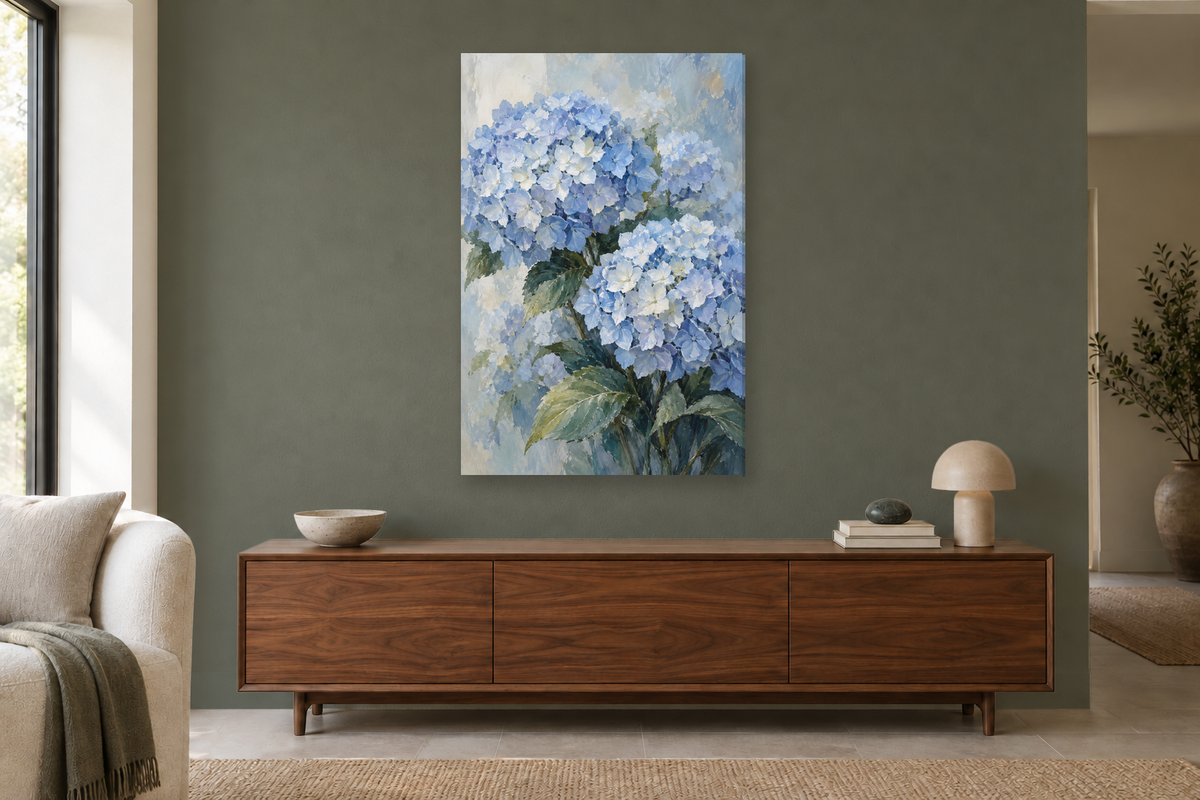 Hydrangea Cloud in a living room — interior mockup with the complete original artwork
