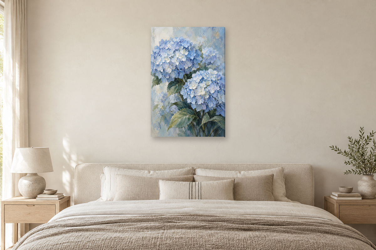 Hydrangea Cloud in a bedroom — interior mockup with the complete original artwork