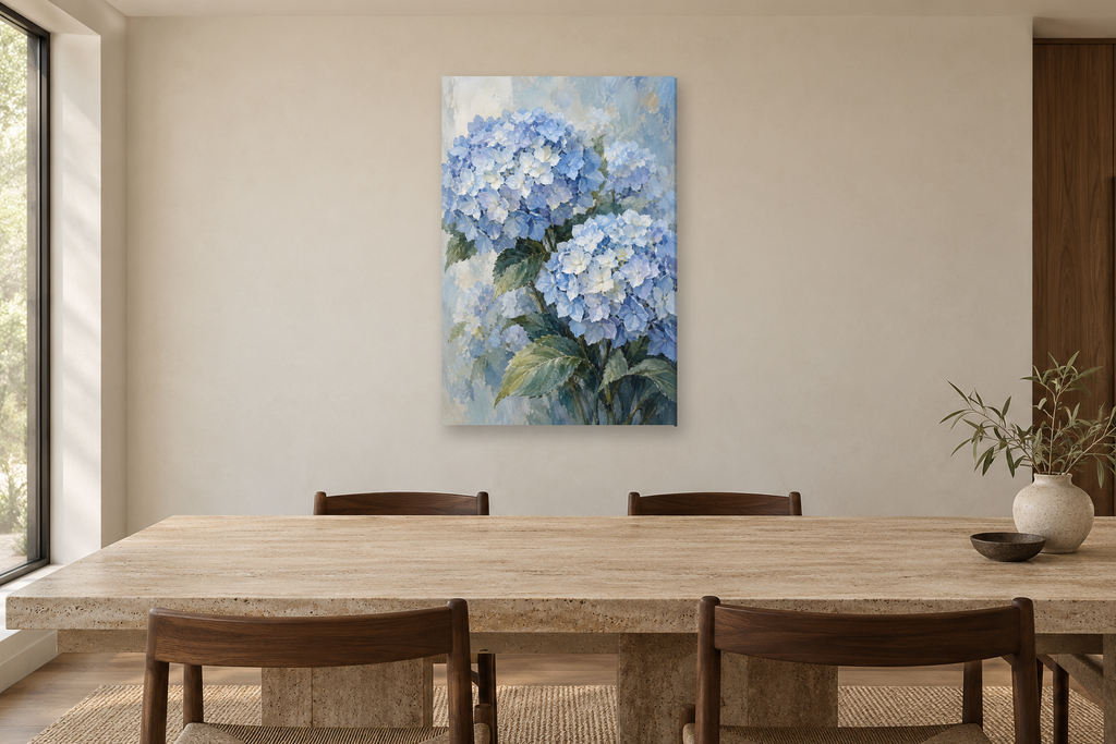 Hydrangea Cloud in a dining room — interior mockup with the complete original artwork