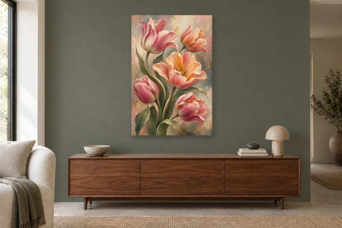 Tulip Ballet in a living room — interior mockup with the complete original artwork