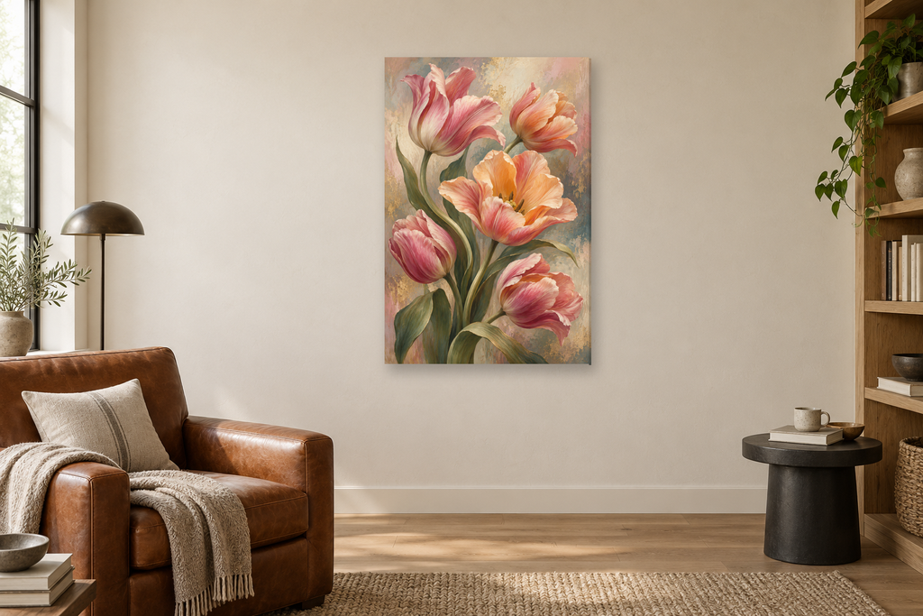 Tulip Ballet in a reading corner — interior mockup with the complete original artwork