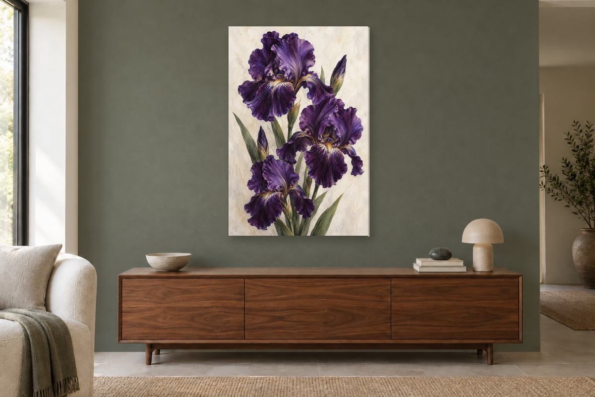 Iris Velvet in a living room — interior mockup with the complete original artwork