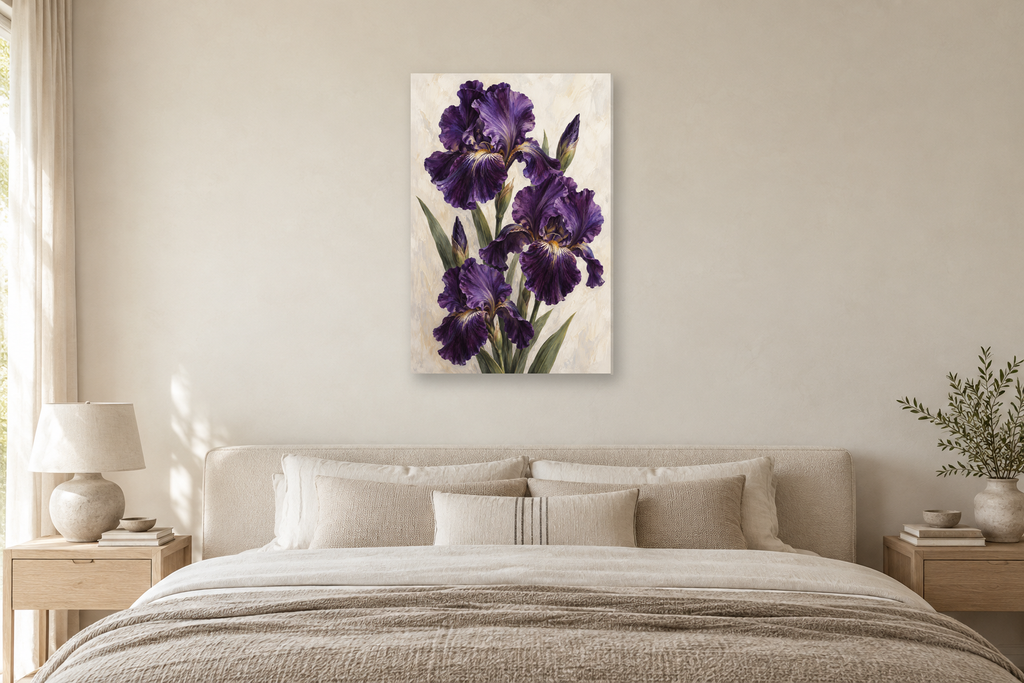 Iris Velvet in a bedroom — interior mockup with the complete original artwork