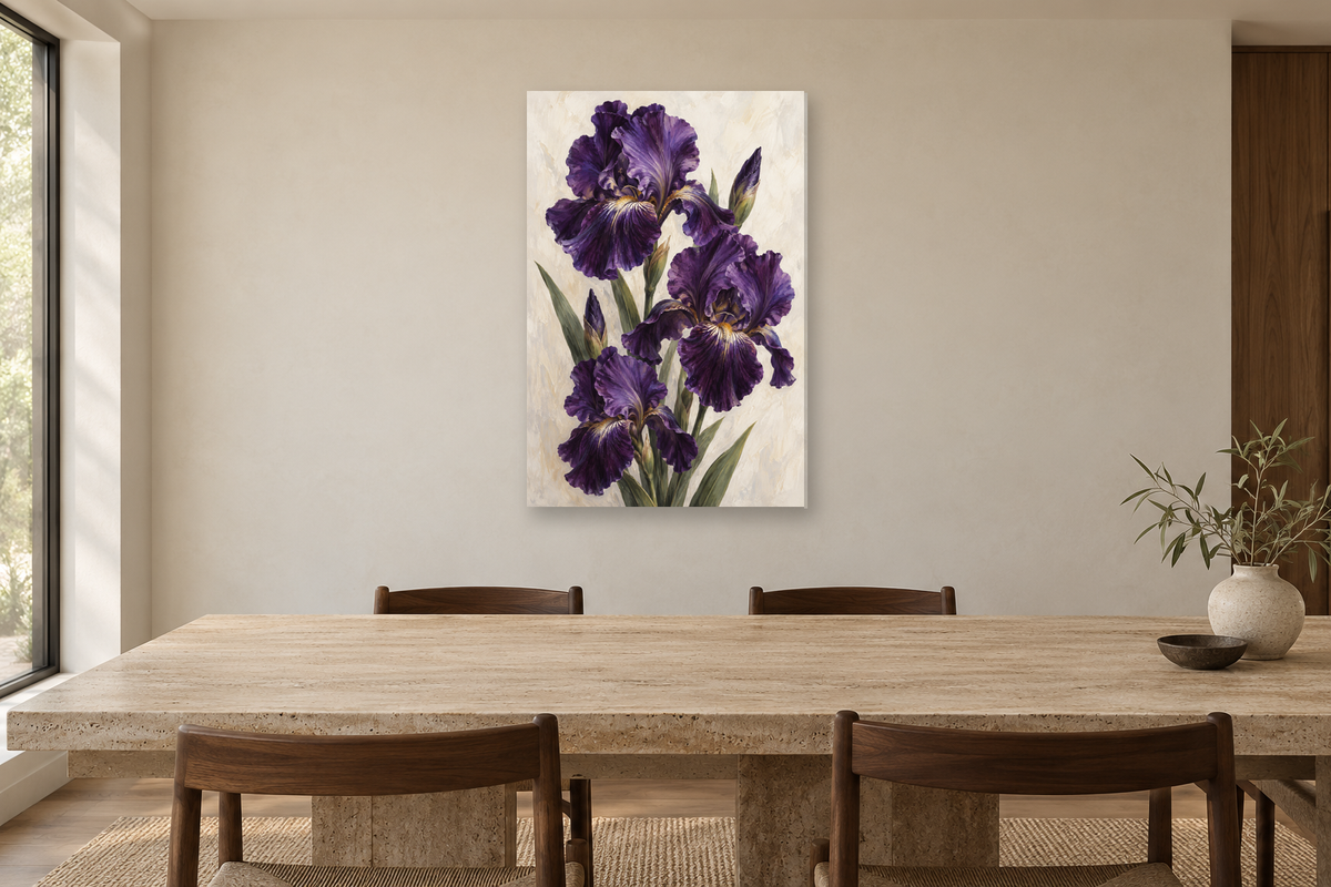 Iris Velvet in a dining room — interior mockup with the complete original artwork