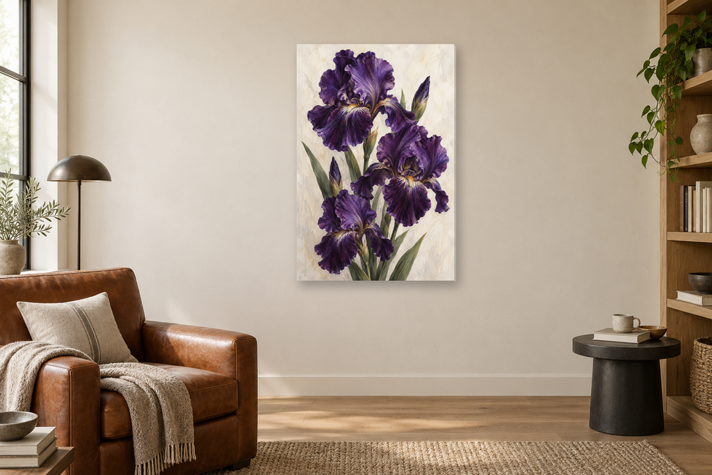 Iris Velvet in a reading corner — interior mockup with the complete original artwork