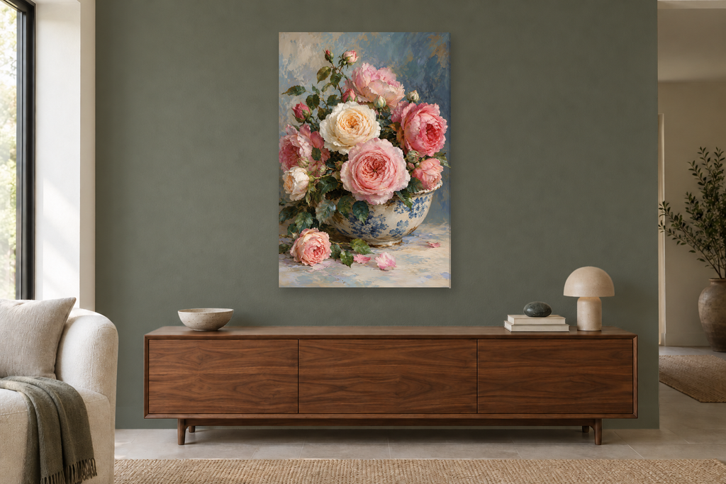 Garden Roses in a living room — interior mockup with the complete original artwork